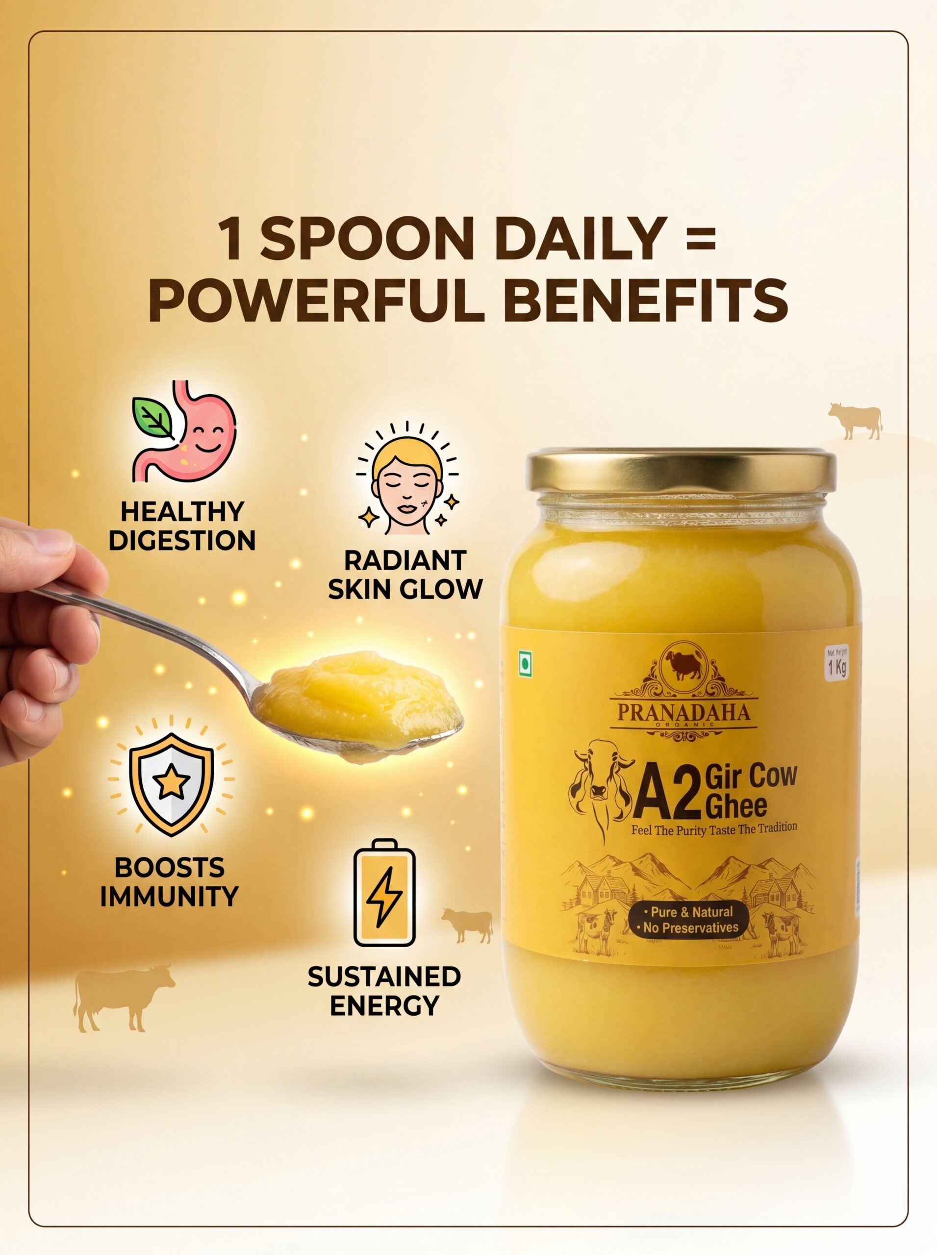 A2 Gir Cow Ghee 500g | Pure Bilona Method Desi Ghee | Grass Fed Gir Cows | Pranadaha Organic - Pranadaha Organic A2 Gir Cow Ghee 500g