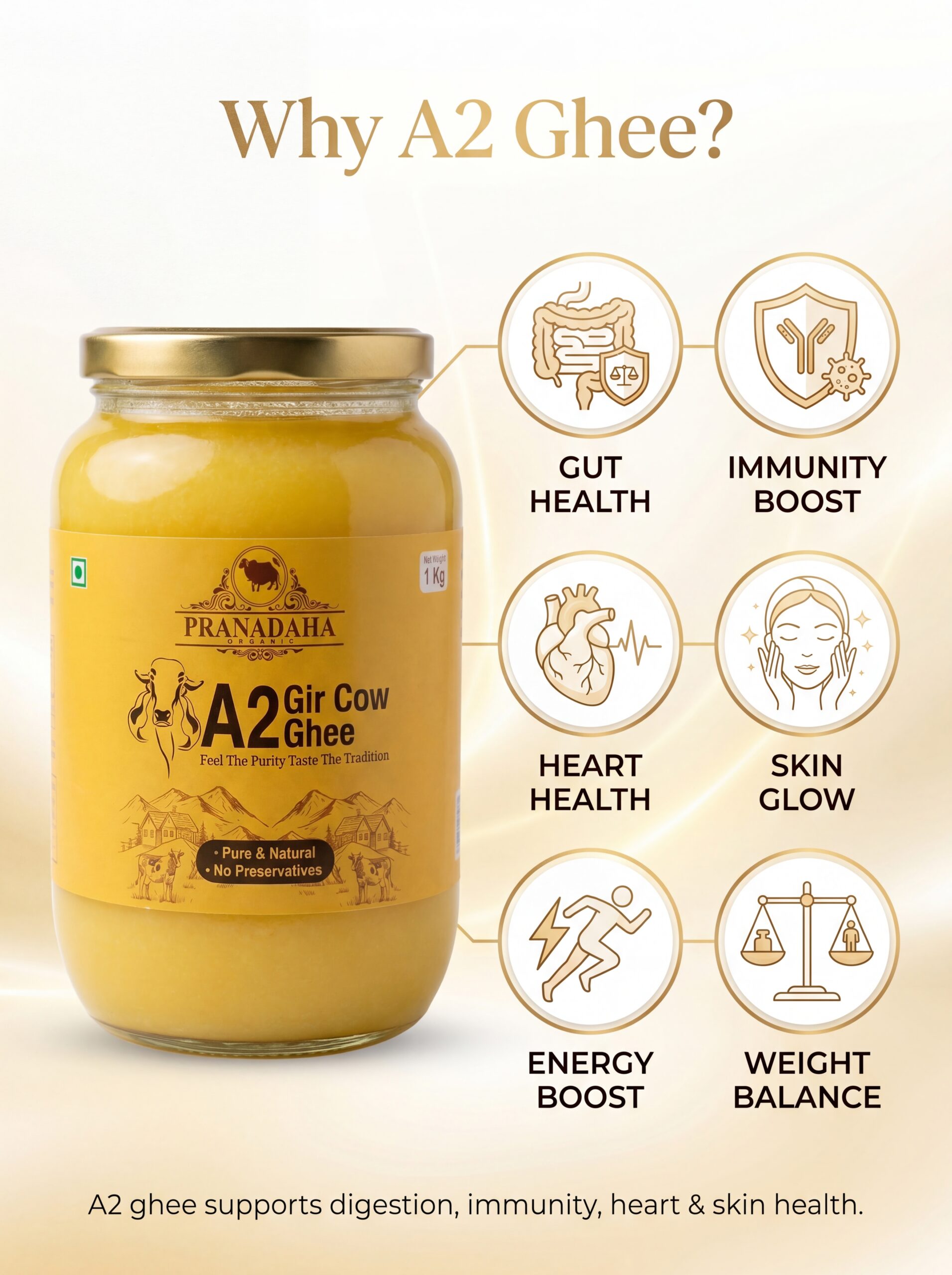 A2 Gir Cow Ghee 500g | Pure Bilona Method Desi Ghee | Grass Fed Gir Cows | Pranadaha Organic - Pranadaha Organic A2 Gir Cow Ghee