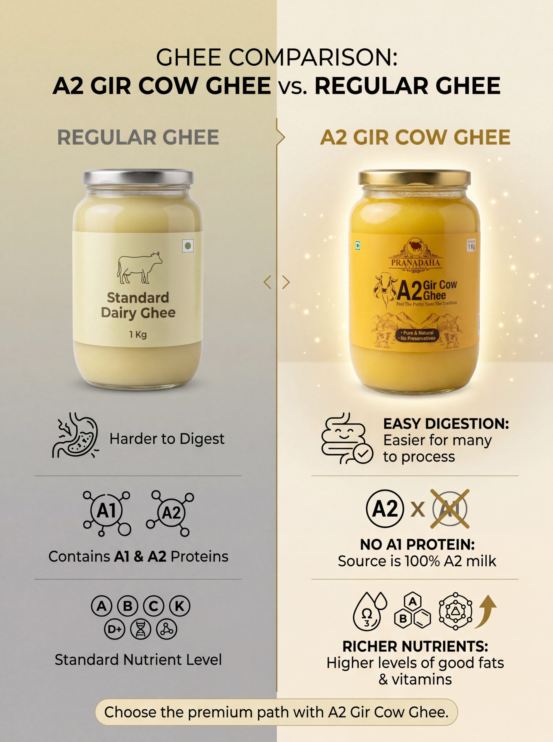 A2 Gir Cow Ghee 500g | Pure Bilona Method Desi Ghee | Grass Fed Gir Cows | Pranadaha Organic - Pranadaha Organic A2 Gir Cow Ghee