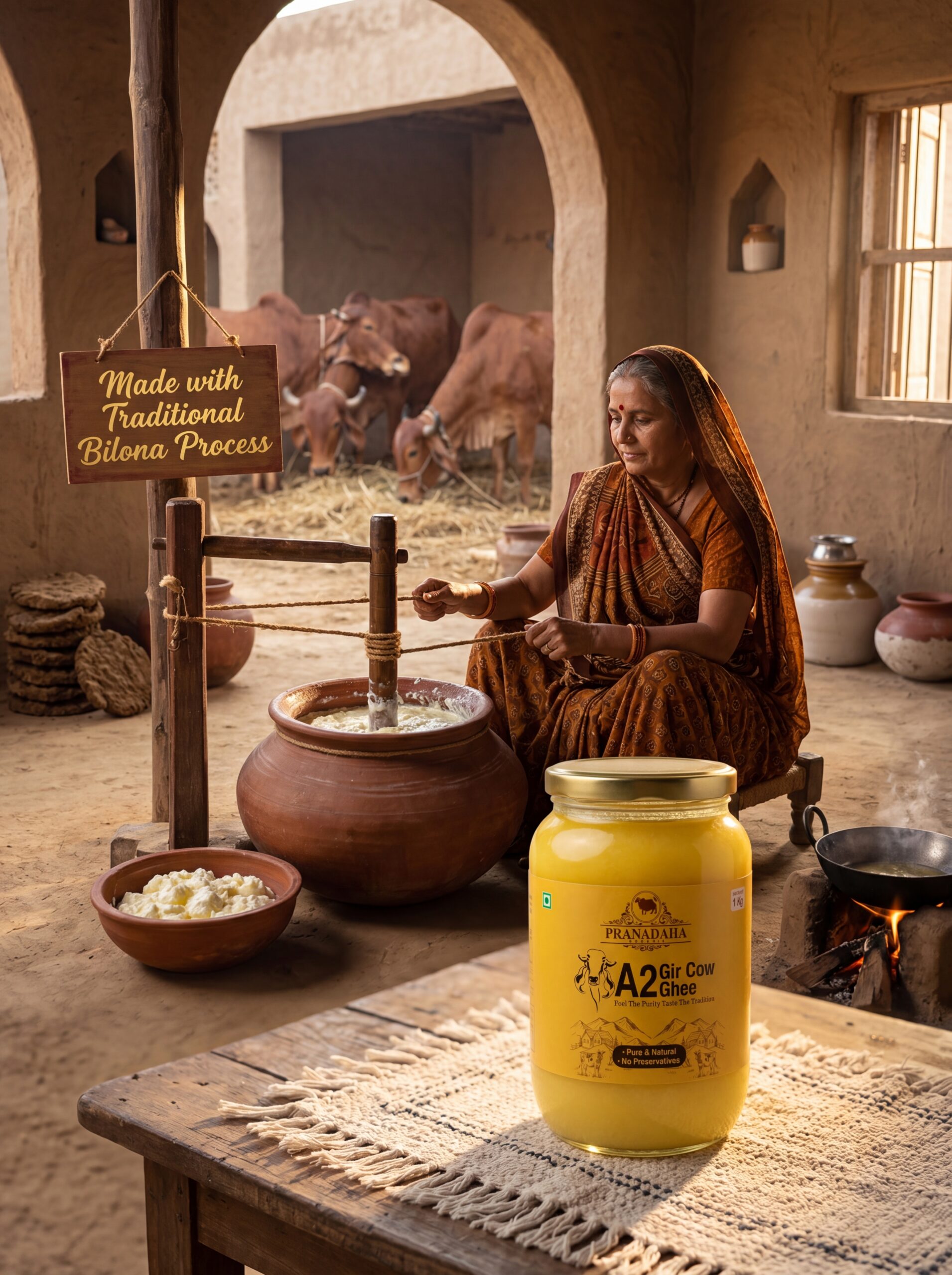 A2 Gir Cow Ghee 500g | Pure Bilona Method Desi Ghee | Grass Fed Gir Cows | Pranadaha Organic - Pranadaha Organic A2 Gir Cow Ghee