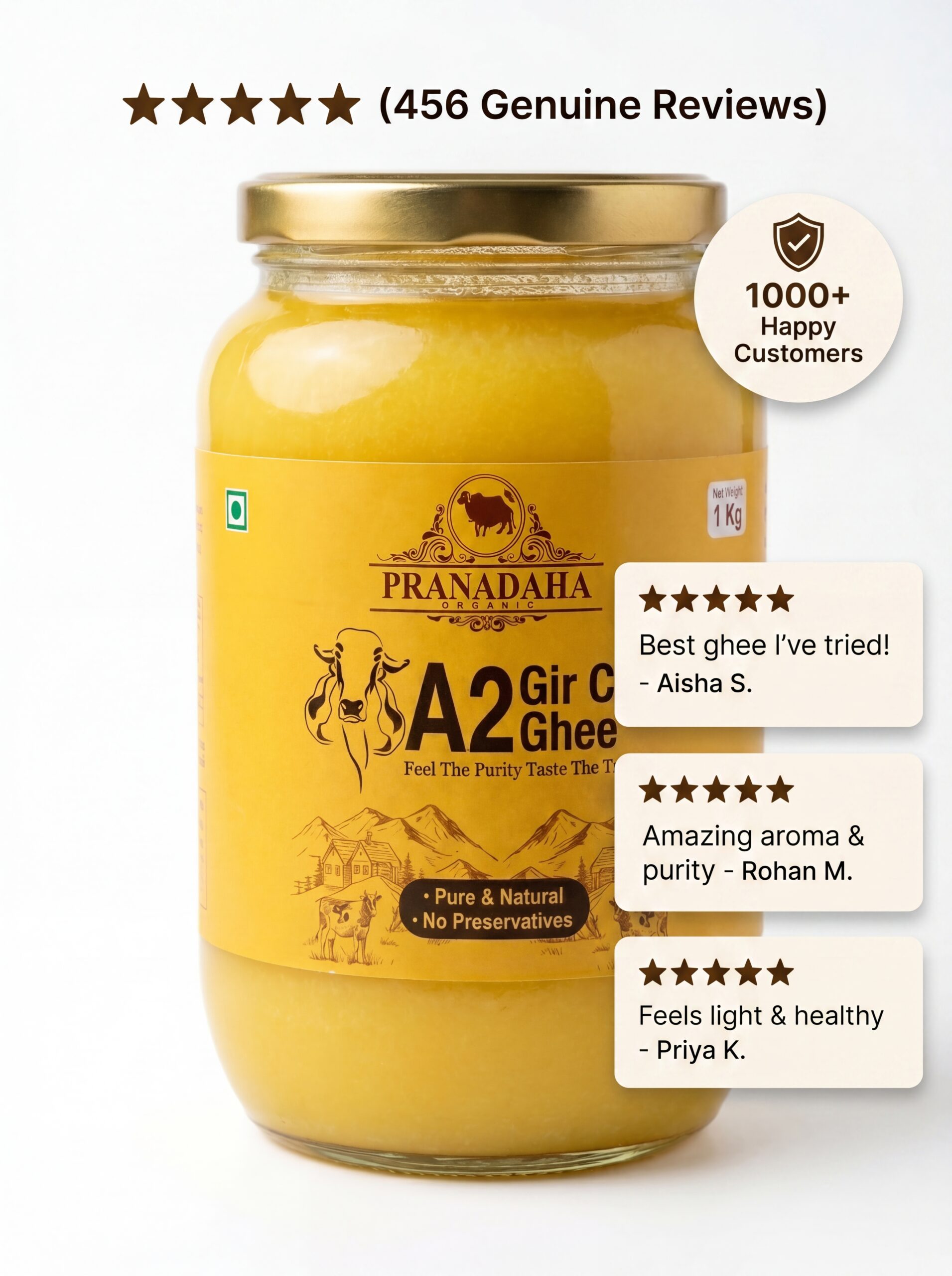 A2 Gir Cow Ghee 500g | Pure Bilona Method Desi Ghee | Grass Fed Gir Cows | Pranadaha Organic - Pranadaha Organic A2 Gir Cow Ghee