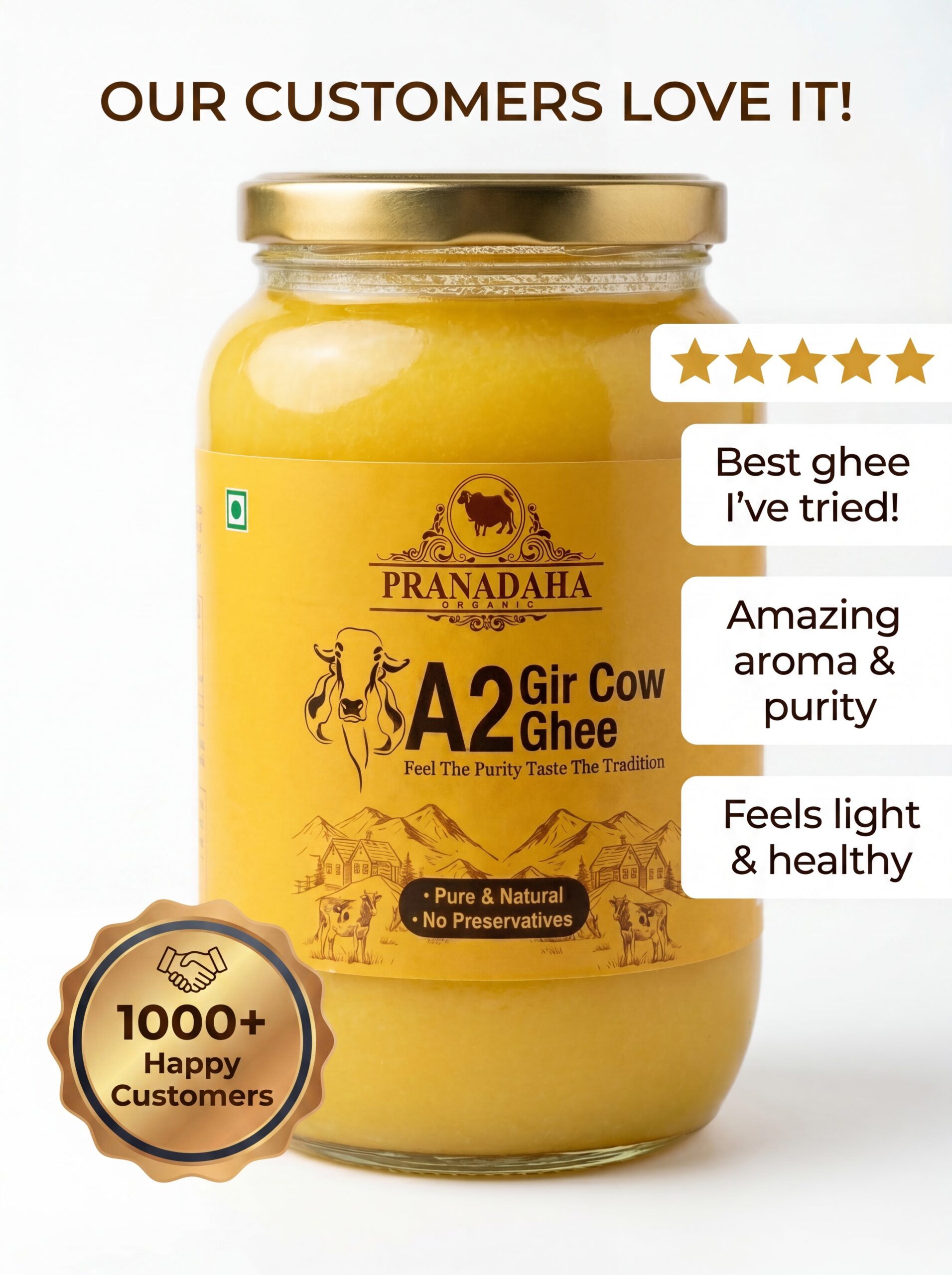 A2 Gir Cow Ghee 500g | Pure Bilona Method Desi Ghee | Grass Fed Gir Cows | Pranadaha Organic - Pranadaha Organic A2 Gir Cow Ghee